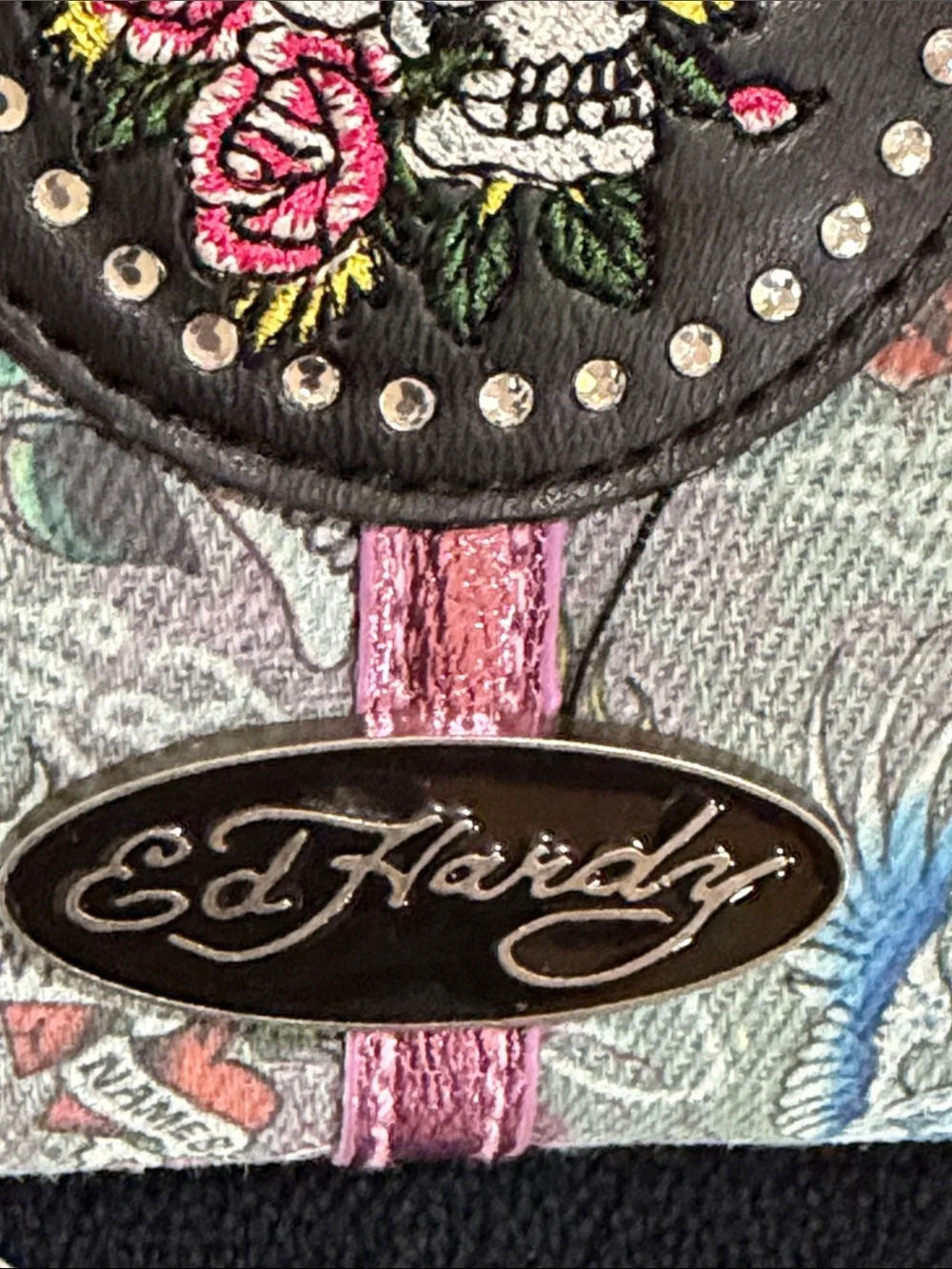 Ed Hardy Skull & Roses Zip Wallet in Pastel Blue and Pink Accents